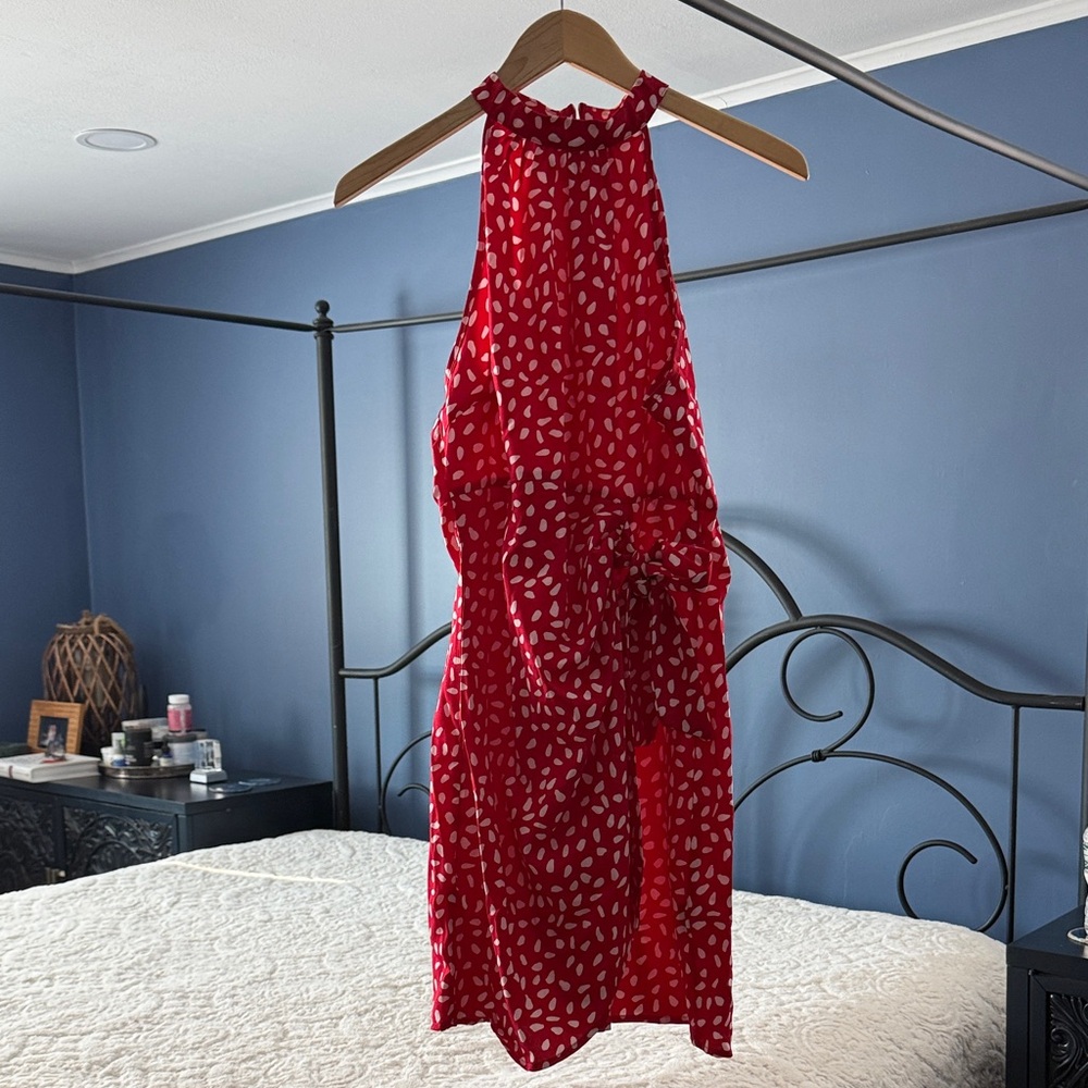 Red Halter Dress with White Pattern